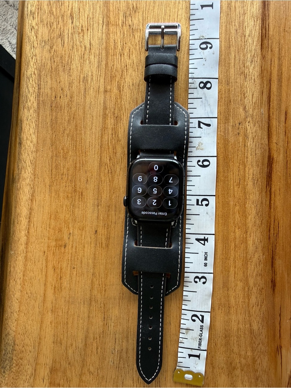 Black Leather Wide Cuff Smartwatch Band with Stitching